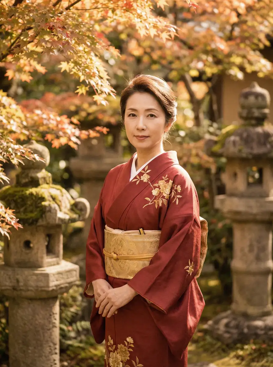 一位身穿暗红色和服的优雅 彩神通官网 在日式庭院中