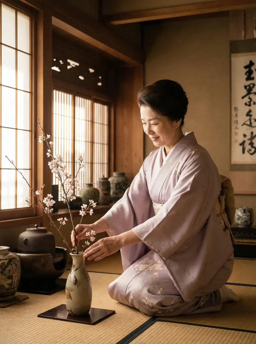 一位优雅的 彩神通官网 在和室中插花